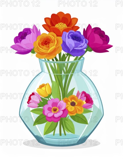 Crystal glass vase with vibrant blooming flowers, vibrant vector drawing illustration for fresh spring background, AI generated