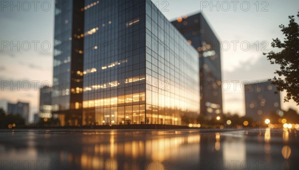 Modern building reflecting sunset light at dusk. Abstract Futuristic Business Background, AI generated