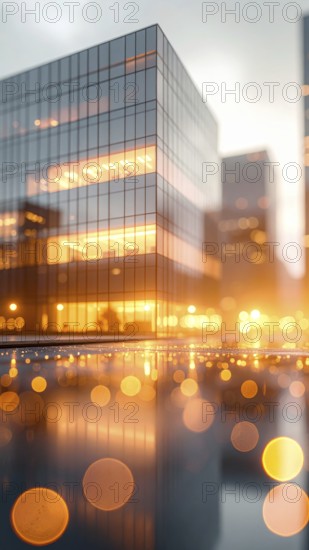 Modern building reflecting sunset light at dusk. Abstract Futuristic Business Background, AI generated
