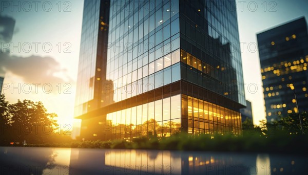 Modern building reflecting sunset light at dusk. Abstract Futuristic Business Background, AI generated