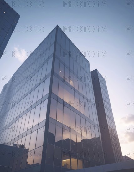 Modern building reflecting sunset light at dusk. Abstract Futuristic Business Background, AI generated