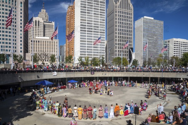Detroit, Michigan USA - 13 October 2025 - On Indigenous People's Day, Native American tribes held a Pow Wow in downtown Detroit. The city of Detroit (originally Waawiyatanong) recognizes the day as Indigenous People's Day, while the federal government observes it only as Columbus Day