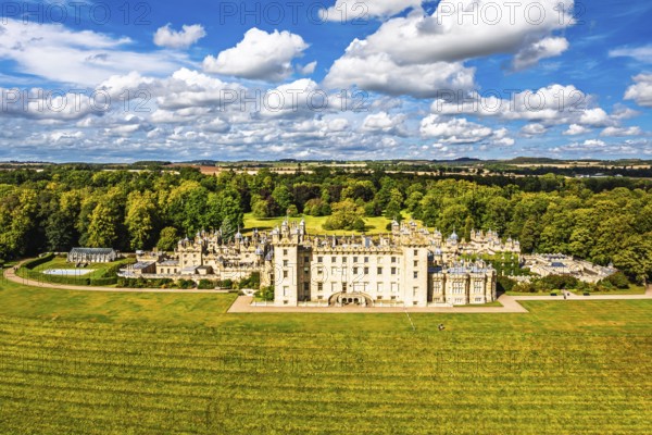 Floors Castle and garden from a drone, Duke of Roxburghe, Roxburghshire, Scotland, UK