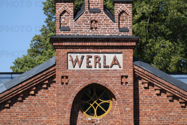 Brick façade with inscription Werla, former paper factory and mill for the production of groundwood pulp board, UNESCO World Heritage Site Factory Village Verla, Maailmanperintökohde Verlan puuhiomo ja pahvitehdas, Verla Rapids, Kymenlaakso, near Kouvola, Finland