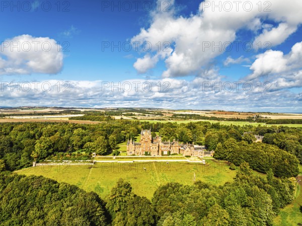 Ayton Castle from a drone, Ayton, Eyemouth, Scottish Borders, Scotland, UK