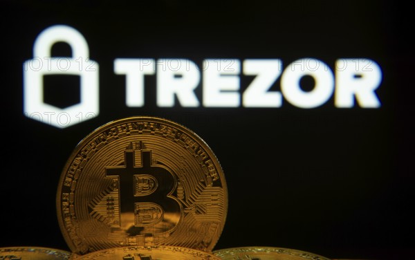 Dhaka, Bangladesh- 30 Sep 2025: Close-up of Bitcoin coins with the Trezor logo visible on a screen in the background