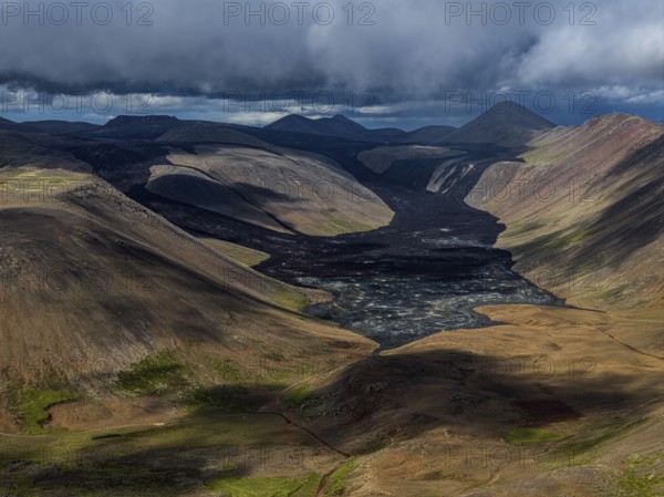 Lava, lava field, summer, cloudy, sunny, aerial view, Fagradalsfjall, Reykjanes, Iceland