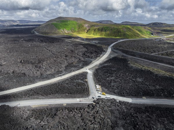 Lava, lava field, road, destroyed, summer, cloudy, sunny, aerial view, Blue Lagoon, Sundhnúkur crater series, Fagradalsfjall, Reykjanes, Iceland