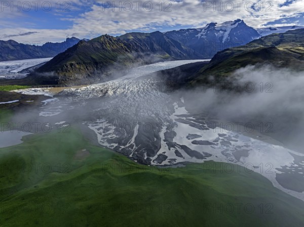 Ice floes, glacier, glacier tongue, glacier lake, sunny, cloudy, morning mood, mountains, reflection, aerial view, summer, Svinavellsjökull, Skaftafell, Vatnajökull National Park, Iceland