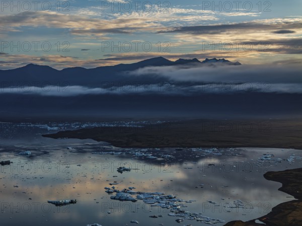 Ice floes, glacier, glacier tongue, fog, clouds, morning mood, mountains, reflection, aerial view, summer, glacier lagoon, Jökulsarlon, Vatnajökull, Iceland