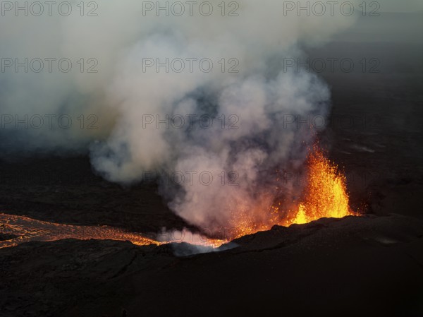 Lava, volcanic eruption, volcano, ash cloud, aerial view, Sundhnúkur crater chain, July 2025, Reykjanes Peninsula, Iceland