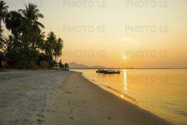 White sandy beach and coconut palms, sunset, Pearl Beach, Koh Mook, Trang Province, Southern Thailand, Andaman Sea, Thailand