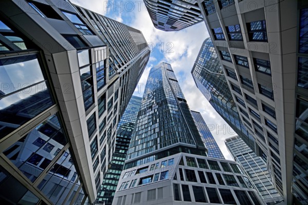 Frog's-eye view of the skyscrapers in the banking district, Four Frankfurt, Frankfurt am Main, Hesse, Germany