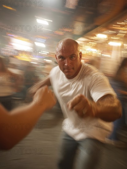 A man gets into a fighting stance, surrounded by dynamic movement and a background filled with lights, symbolic image for physical confrontation in public, use of force, physical violence, act of violence, aggressive behaviour, brawl, AI generated
