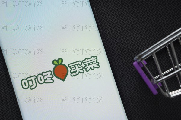 Dhaka, Bangladesh- 03 July 2025: A smartphone displaying the Dingdong Maicai logo next to a miniature shopping cart on a background