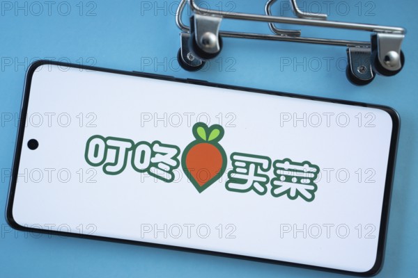 Dhaka, Bangladesh- 03 July 2025: Smartphone screen showing the Dingdong Maicai logo with shopping cart wheels on a blue background