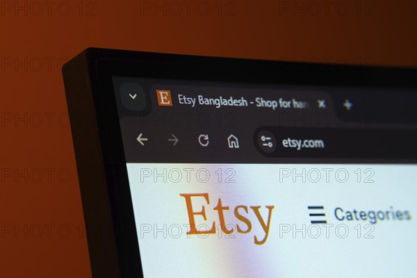 Dhaka, Bangladesh- 02 June 2025: Close-up of a computer screen displaying the Etsy web interface in dark mode