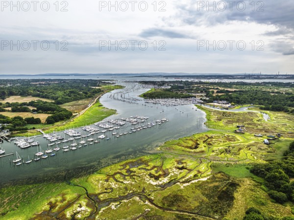 River Hamble and Swanwick Marina from drone, Swanwick, Southampton, Hampshire, England, United Kingdom