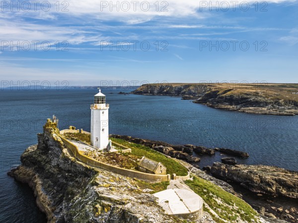 Godrevy Lighthouse from a drone, Godrevy Island, St Ives Bay, Cornwall, England, United Kingdom