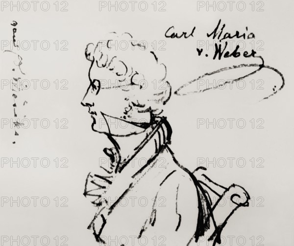 Caricature by Eduard Mörike, portrait of Carl Maria von Weber, 1786 - 1826, German composer, conductor and pianist, digitally edited
