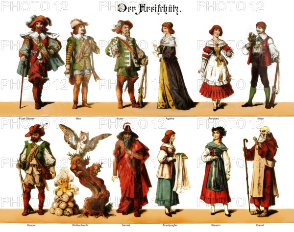 Costume designs of figures in the Romantic opera Der Freischütz by Carl Maria von Weber, 1786 - 1826, German composer, conductor and pianist, digitally edited