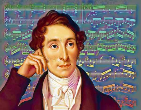 Carl Maria von Weber, 1786 - 1826, German composer, conductor and pianist, digitally edited after a painting by Caroline Bardua, notesheet from Oberon, or The Elf King's Oath