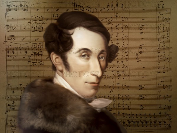 Carl Maria von Weber, 1786 - 1826, German composer, conductor and pianist, digitally edited after a painting by Ferdinand Schimon, notesheet from the Romantic opera Der Freischütz