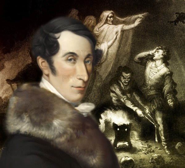 Portrait of Carl Maria von Weber, 1786 - 1826, German composer, conductor and pianist, Scene from Act 2, the Romantic opera Der Freischütz by him, digitally edited