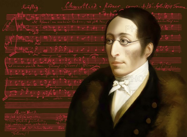 Carl Maria von Weber, 1786 - 1826, German composer, conductor and pianist, digitally edited after a painting by John Cawse, notesheet from the Schwertlied or Sword Song, a poem by Theodor Körner, set to music by Carl Maria von Weber in 1814