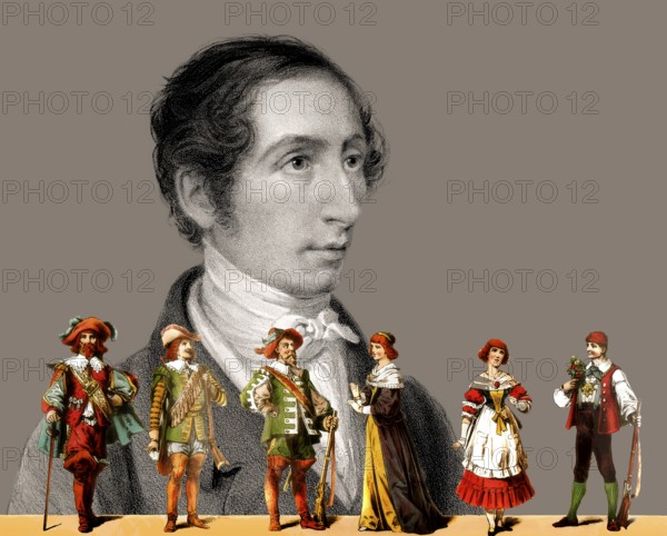 Portrait of Carl Maria von Weber, 1786 - 1826, German composer, conductor and pianist, figures from the Romantic opera Der Freischütz by him, digitally edited