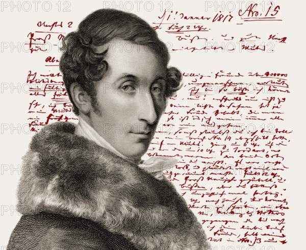 Portrait of Carl Maria von Weber, 1786 - 1826, German composer, conductor and pianist, New Year's greetings to his bride Caroline Elisabeth Antoinette Brandt, 1817, digitally edited