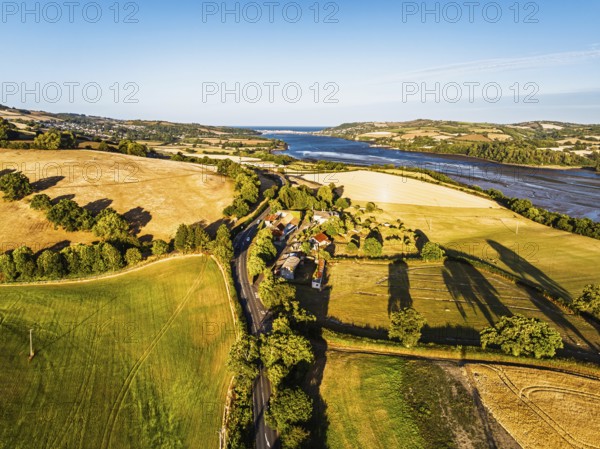 Farms and Fields over River Teign and Teignmouth Road from drone, Newton Abbot, Devon, England, United Kingdom
