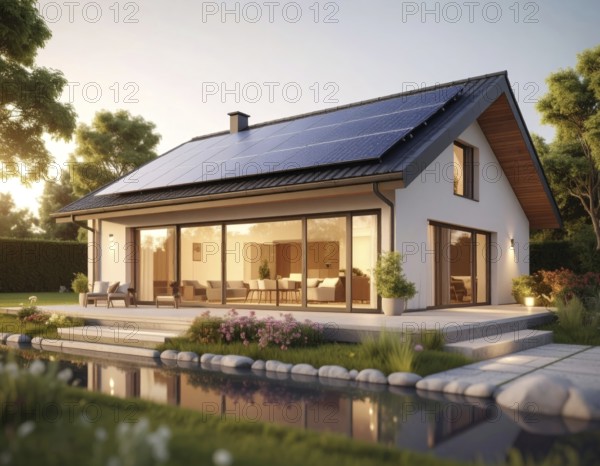 Residential house with solar panels on the roof, beautiful sunrise, AI generated