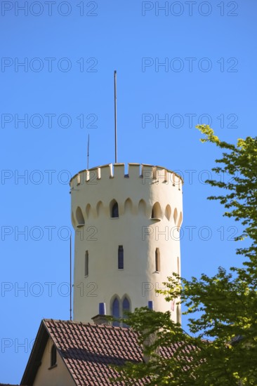 Lichtenstein Castle, fairytale castle of Württemberg, romantic fairytale castle on the eaves of the Swabian Alb, historicism, architecture, new building 1840-1842, according to plans by architect Carl Alexander Heideloff, 19th century, Honau, municipality of Lichtenstein, Baden-Württemberg, Germany