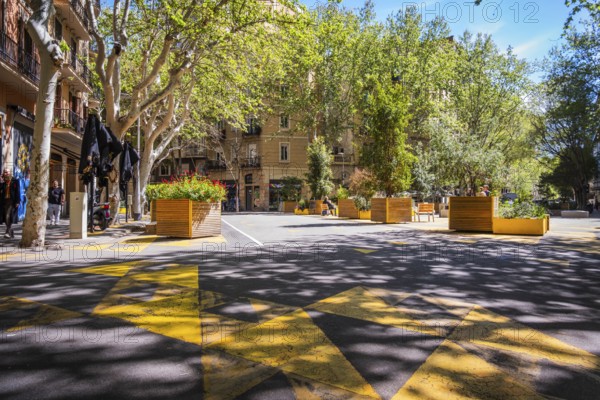 Superblock or Superilla in the Sant Antoni neighbourhood, a heavily car-restricted area of the city in Barcelona, Spain