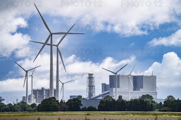 RWE coal-fired power plant Eemshavencentrale, in the seaport of Eemshaven, operator RWE Power, wind farm, Netherlands
