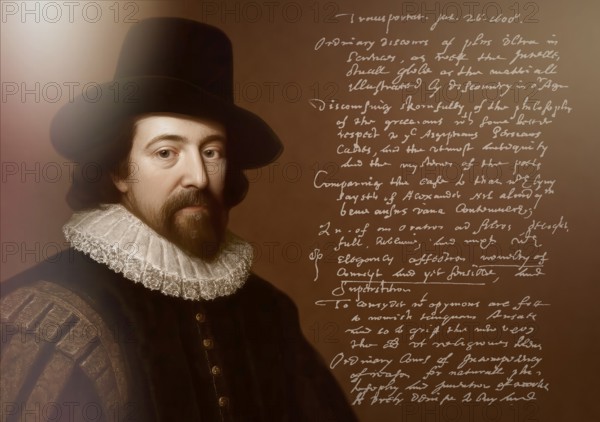 Portrait of Sir Francis Bacon, Baron Baco of Verulam, 1561 - 1626, English lawyer, statesman, essayist, historian, intellectual reformer, philosopher and scientist, handwritten letter by him, 1608