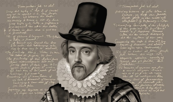 Portrait of Sir Francis Bacon, Baron Baco of Verulam, 1561 - 1626, English lawyer, statesman, essayist, historian, intellectual reformer, philosopher and scientist, handwritten letter by him, 1608