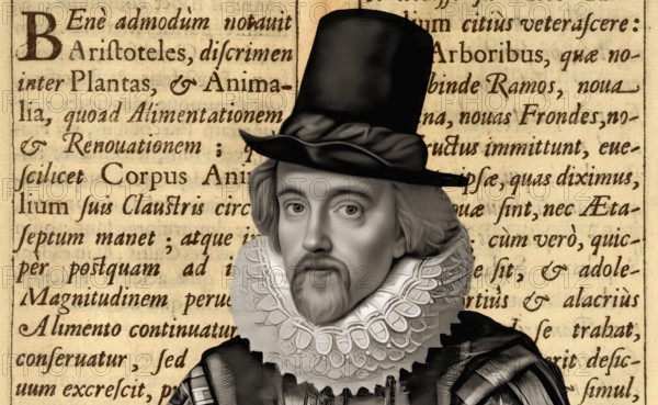 Portrait of Sir Francis Bacon, 1561 - 1626, English lawyer, statesman, essayist, historian, intellectual reformer, philosopher and scientist, text from his book ‘Historia vitae et mortis‘