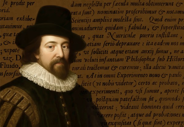 Portrait of Sir Francis Bacon, Baron Baco of Verulam, 1561 - 1626, English lawyer, statesman, essayist, historian, intellectual reformer, philosopher and scientist, title of ‚ Page from ‘Instauratio Magna‘