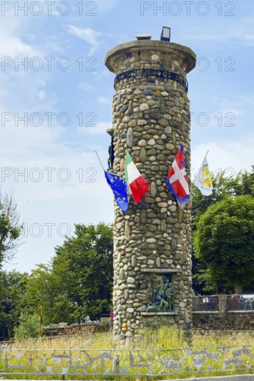 1955 on 1311 m high pass summit of Alpine pass asphalted road pass built round tower erected monument to victims from Valli di Lanzo, Susa, Sangone, Chisone of members involved in Resistenza resistance against Italian fascism and German occupation, Rubiana, Turin, Piedmont, Italy