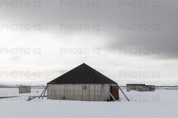 Former research station, wooden hut, Kinvika, Muchinsonfjord, Spitsbergen, Svalbard
