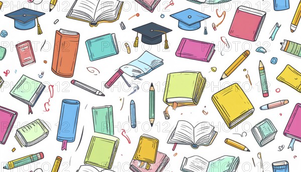 Colorful doodle pattern of education elements, vibrant geometric vector illustration, AI generated
