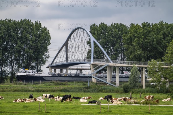 The Liniebrug, bicycle and pedestrian bridge over the Amsterdam-Rhine Canal near the village of Nigtechtew, spans the shipping canal at around 104 metres, the ramps on both sides of the canal are a good 500 metres long, gentle ascent for cyclists, connects various cycle paths south of Amsterdam, Netherlands