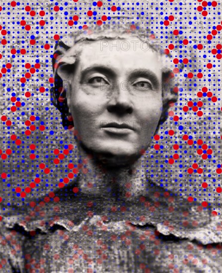 Bust of Marie-Sophie Germain, 1776 –1831, French mathematician, physicist and philosopher, digitally edited, an Ulam spiral as a graphical depiction of prime numbers