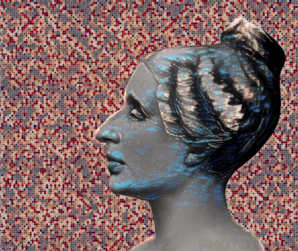 Bust of Marie-Sophie Germain, 1776 –1831, French mathematician, physicist and philosopher, digitally edited, an Ulam spiral as a graphical depiction of prime numbers