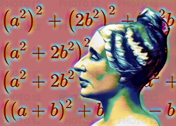 Bust of Marie-Sophie Germain, 1776 –1831, French mathematician, physicist and philosopher, digitally edited, the proof to the Fermat's Last Theorem