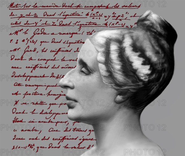 Bust of Marie-Sophie Germain, 1776 –1831, French mathematician, physicist and philosopher, digitally edited, handwritten letter by herself