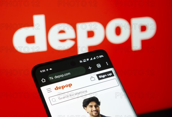 Dhaka, Bangladesh- 03 July 2025: Smartphone displaying Depop web interface against Depop logo background