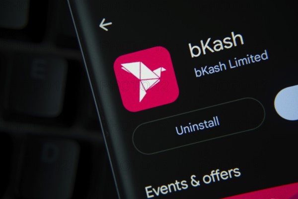 Dhaka, Bangladesh- 27 July 2025: Screen displaying bKash app with open and uninstall options, dark interface